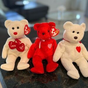 Ty Beanie Baby red white Plush Valentines Day Bears Gift Toy Lot of 3